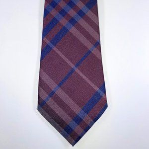 EUC Silk Burberry Plaid Tie in Burgundy W/Royal Blue & White Accents